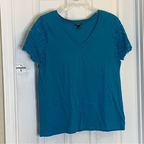 Torrid V Neck Lace Sleeve Raglan Top - Teal color Size Large - Picture 3 of 10